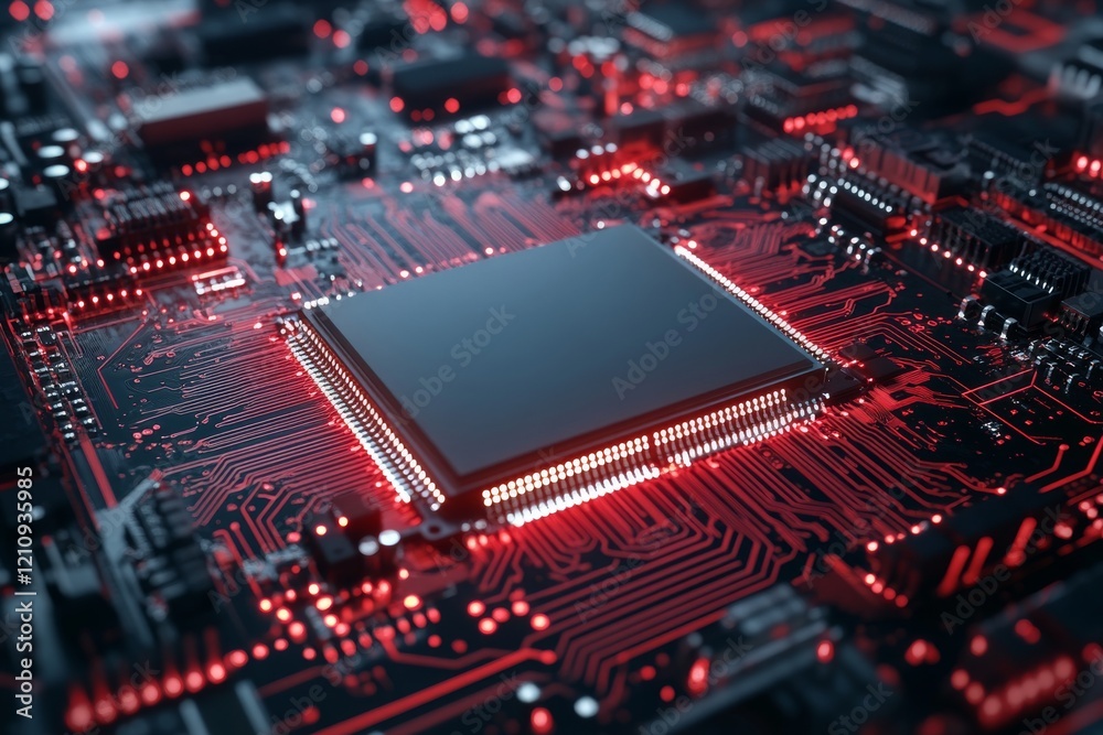 Poster close-up view of a computer circuit board illuminated with red lights showcasing intricate electroni