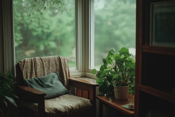 Fototapeta premium Cozy Indoor Scene with Rainy Window and Potted Plant