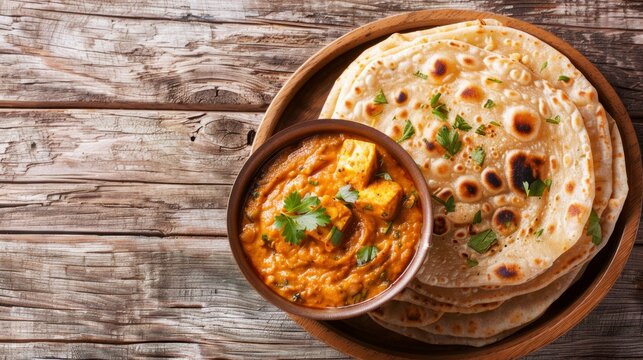 Homemade Kerala wheat paratha or layered parotta served with Paneer curry