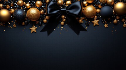Elegant black and gold holiday decoration with ornaments, stars, and a bow on a dark background