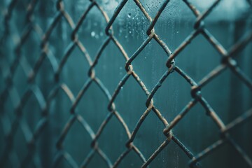 Fototapeta premium Close-Up of a Rainy Chain-Link Fence