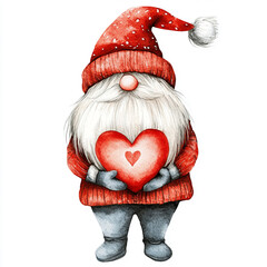 Watercolor clipart cute little gnome with red heart