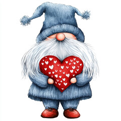Watercolor clipart cute little gnome with red heart