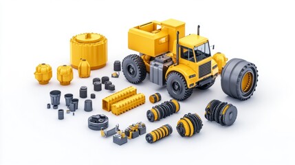 Fototapeta premium Construction Vehicle and Machinery Parts on White Background