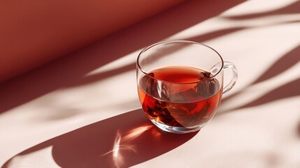 Vibrant colored background showcases a glass teacup filled with rich tea against a softly lit surface adorned with gentle shadows