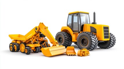 Bright Yellow Construction Vehicles Isolated on White Background