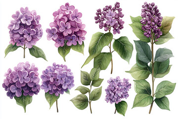 Spring lilac flowers, watercolor on white background