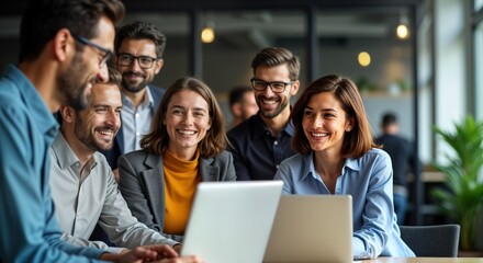 Diverse team of professionals in modern office setting. Employees work together on laptops. Happy, engaged, collaborating. Modern business workplace. Team interaction, tech use, pro environment.