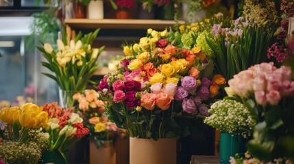 Florist shop colorful rose bouquets arrangement