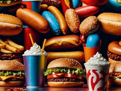 A Vibrant Fast Food Collage: Classic Favorites Like Burgers, Fries, Hot Dogs, Milkshakes, and Soda Cups, Styled with Bold Colors and Motion Effects to Create a Fun and Attention-Grabbing Visual Feast - Powered by Adobe