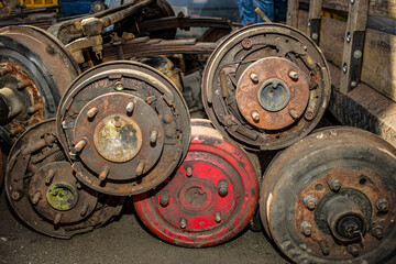 Pile of Used Automotive Brake Drums Close Up