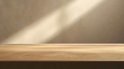 Light Brown Wooden Surface with Beige Wall and Sunlight