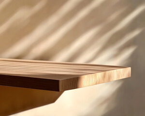 Light Brown Wooden Shelf with Light and Shadow Patterns