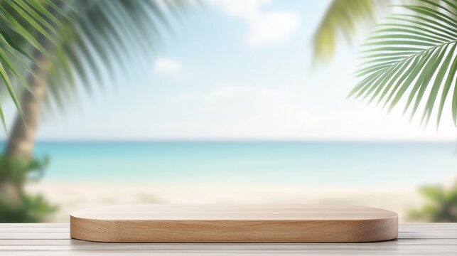 Empty wide Table top wooden bar with blurred beautiful beach scene background coconut leaf on frame product stage display mockup outside summer day time. Resort clean wood desk board on nature view.