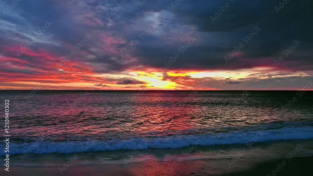 Wall mural dramatic red sunset and sea beach in dusk, tracking shot 4k