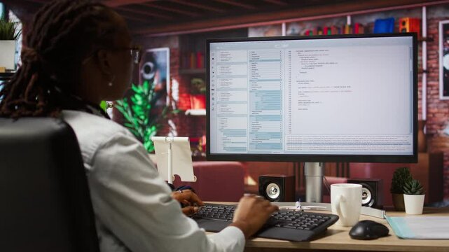 Programmer at computer desk coding, creating software, implementing algorithms. African american IT specialist in home office working with code editor, building applications, camera A
