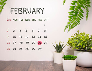 21 February on wooden grey cubes. Calendar cube date 21 February.