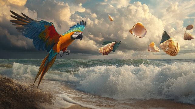 A lively scene of colorful parrots in mid-flight over a serene tropical beach, the lead parrot clutching a shining seashell, with dramatic ocean waves crashing in the background. A stormy sky contrast