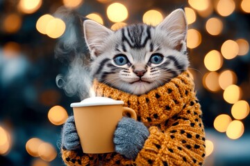 Witty pets. Animal welfare. Happy cute baby cat egyptian mau in winter warm clothes, holding hot coffee with rising steam in paws. Kitten winter hat. Winter cat gear. Warm pet hoodie.