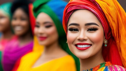 Fototapeta premium Bright and Colorful Traditional Attire with Smiling Woman in Festive Celebration