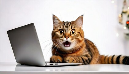 驚きの瞬間！ノートパソコンを使う猫のユーモラスな表情