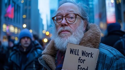 An older Caucasian man with glasses holds a sign reading 'Will Work for Food' amidst a busy city backdrop.
