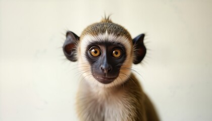 Obraz premium Adorable vervet monkey portrait against plain white background. Close-up view of baby monkey with expressive eyes. Cute animal in studio setting. Perfect for zoology publications educational