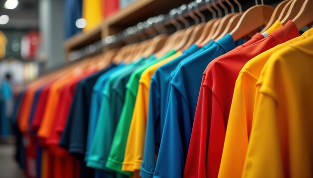 Colorful sports jerseys hang on hangers in retail store. Variety of vibrant colors available. Apparel shop displays jerseys for customers. Customers browse diverse sport clothing. Retail display