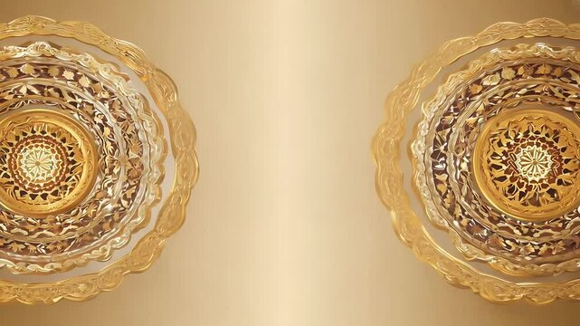 An opulent gold themed animation featuring rotating mandalas on either side creating a luxurious and elegant background suitable for weddings yoga and celebrations