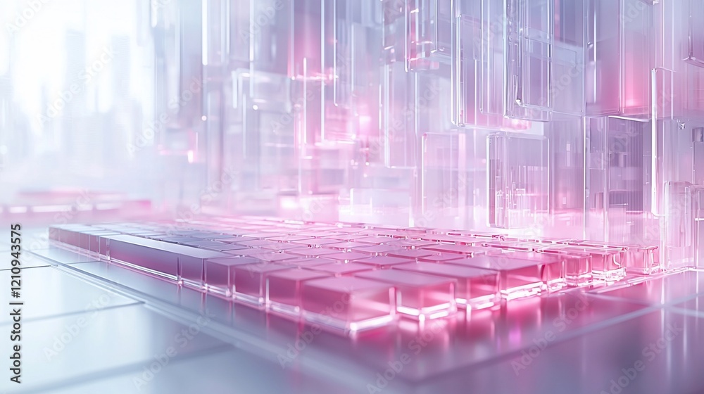 Poster futuristic transparent keyboard with pink glowing keys in a digital city.