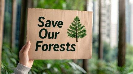 A hand holding a sign reading 'Save Our Forests' amidst lush greenery.
