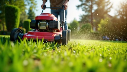 Man operates red lawnmower in sunny backyard. Summer day with green grass. Gardening maintenance leisure activity. Home garden tech equipment in use. Care for home outdoor space. Person working hard.