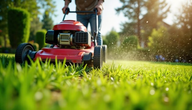 Man operates red lawnmower in sunny backyard. Summer day with green grass. Gardening maintenance leisure activity. Home garden tech equipment in use. Care for home outdoor space. Person working hard.