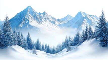 Snowy mountain landscape with evergreen trees under a clear sky on a winter day