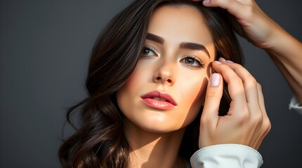 Fototapeta premium Makeup artist applies eye shadow . Beautiful woman with make-up face
