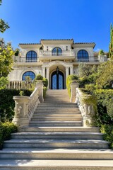 Obraz premium Experience the epitome of luxury living in this breathtaking villa, featuring exquisite landscaping and enveloped by lush greenery in a sun-drenched environment