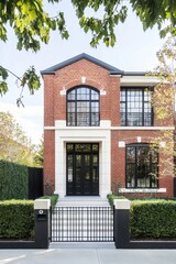 Fototapeta premium A charming red brick residence featuring sleek modern design elements is beautifully surrounded by lush greenery in a picturesque residential neighborhood under the bright sunshine