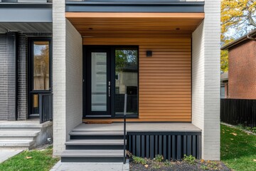 The contemporary entrance design showcases elegant, streamlined lines combined with warm natural wood elements, perfectly set against a vibrant urban backdrop