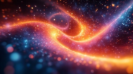 A glowing, colorful 3D representation of a DNA helix twisting in the dark, surrounded by vibrant light particles. 2