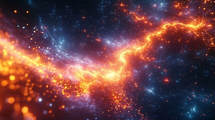 An abstract digital art of a glowing DNA helix transforming into particles and floating into space. 14