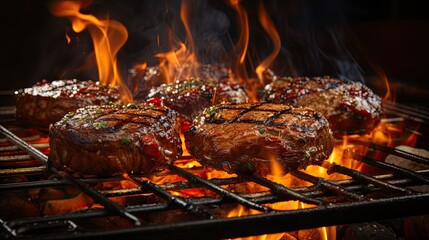 Appetizing beef or pork meat barbecue burgers sizzling on a grill with fiery flames