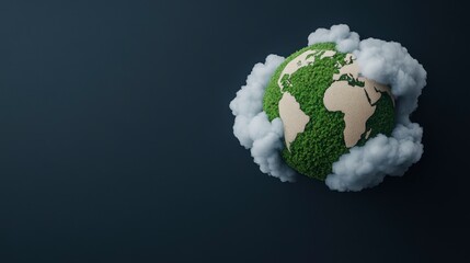 Fototapeta premium Earth model covered in green vegetation surrounded by fluffy white clouds