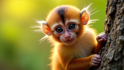 Fototapeta premium Baby golden tamarin monkey in natural habitat. Infant animal clings to tree. Close up photo shows adorable details. Wild jungle scene. Monkey exploring forest. Playful, curious expression. Golden fur
