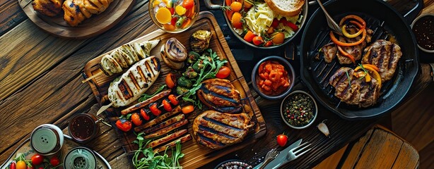 BBQ with grilled food, top view banner.