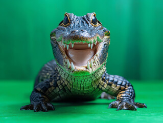 Baby Alligator Smiling On Green Background