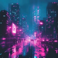 Fototapeta premium Neon City Nightscape: A Cyberpunk Rain-Kissed Metropolis