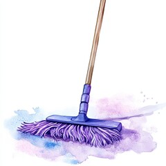 Watercolor illustration of a steam mop with detailed texture and vibrant color. The cleaning tool stands out with creative artistry, perfect for home decor