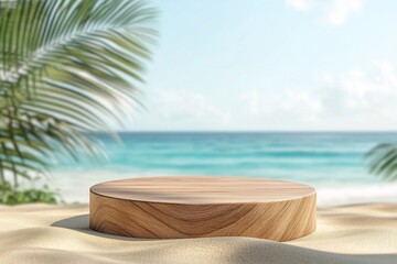 Obraz premium Wooden display platform on sandy beach, tropical background.