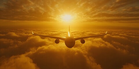 Minimalist airplane silhouette flying over a golden sunset sky with soft clouds.