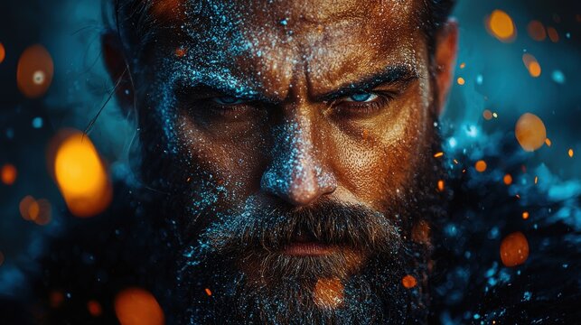 Intense portrait of a warrior with striking blue eyes surrounded by dramatic colors